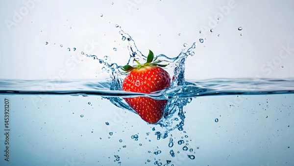 Fototapeta Fresh red strawberries falling and splashing in clear water