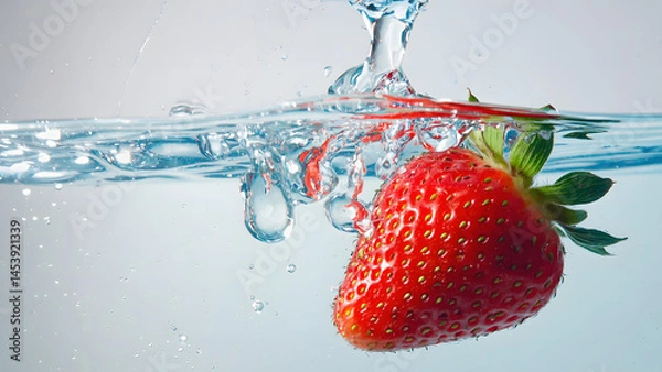 Fototapeta Fresh red strawberries, a healthy fruit, drop with a splash into clear water, creating bubbles