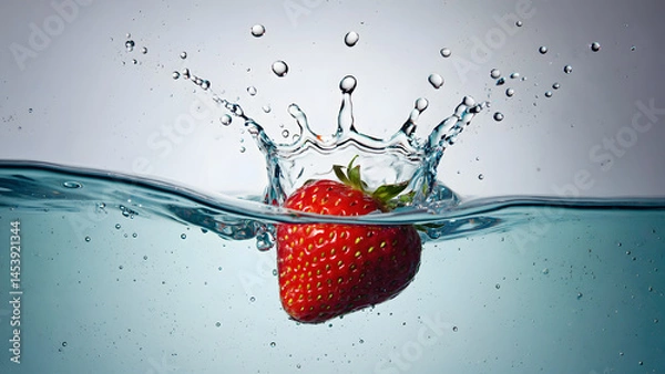Fototapeta A red strawberry, a fresh fruit, creates a splash as it is falling into clear water, a healthy motion captured as a liquid drop