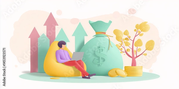 Fototapeta Person using laptop in comfy chair, near large money bag, growing money tree, and upward-trending graph, symbolizing financial growth and online business success