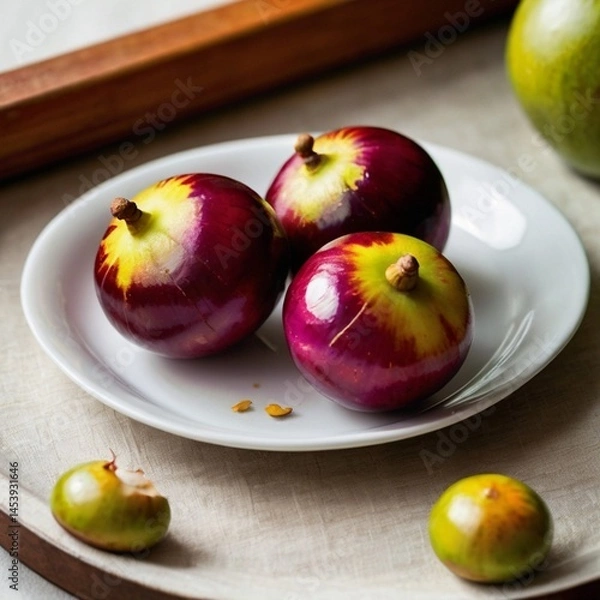 Fototapeta Mangosteen fruit is placed on a plate.
