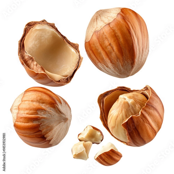 Fototapeta Fallen hazelnuts with broken shells, isolated on a transparent background
