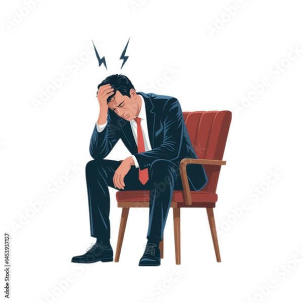 Obraz Vector illustration of a stressed and frustrated businessman sitting in a chair, holding his head with anxiety and exhaustion, symbolizing workplace burnout, mental fatigue, emotional pressure
