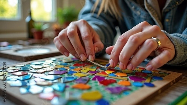 Fototapeta Female crafting colorful mosaic art with small tiles and precision tools in sunlit room