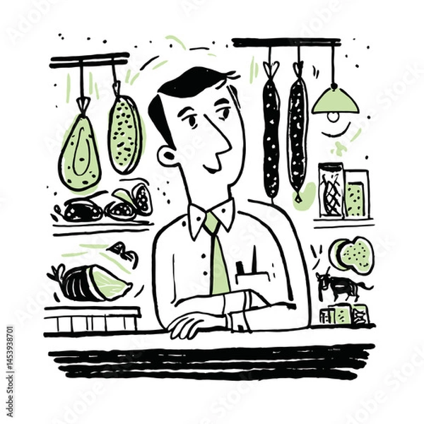 Fototapeta Hand-Drawn Illustration of a Doodled Butcher in a Meat Shop
