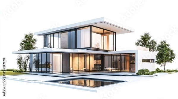 Fototapeta Modern Architectural Marvel: A Luxurious Villa with Pool and Panoramic Views