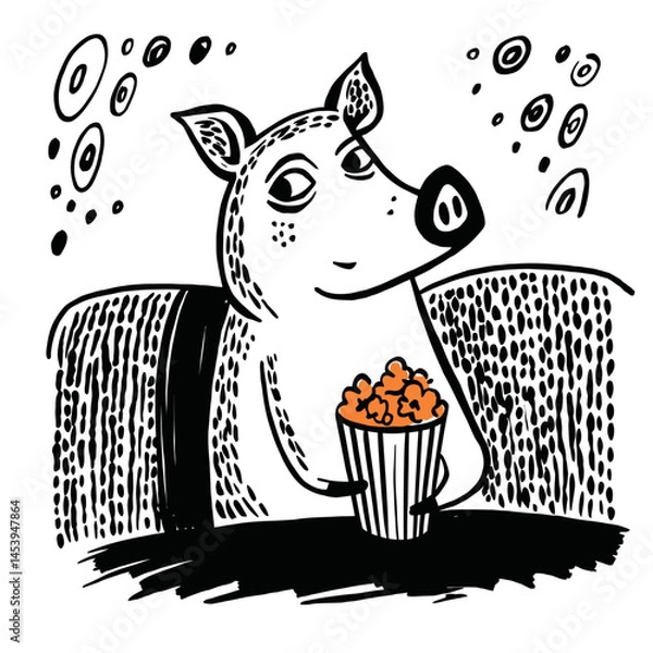 Fototapeta Cute Hand-Drawn Doodle of a Pig Enjoying Popcorn in a Theater