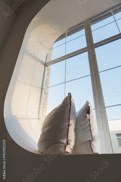 Obraz Two fluffy pillows are comfortably resting on a spacious window sill, directly in front of a large, inviting window that lets in sunshine