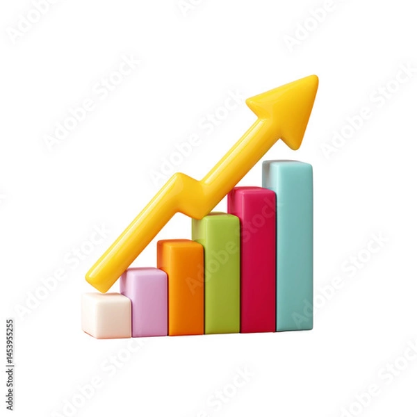 Fototapeta A colorful bar graph with an upward arrow representing growth and progress in data or financial metrics.