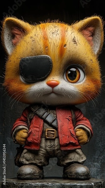 Fototapeta Adorable, orange cat with eyepatch, wearing a red jacket and pants, small figure