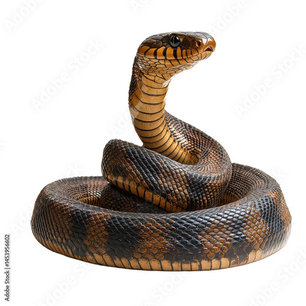 Fototapeta Coiled cobra in an alert position isolated on white png poised cobra snake png reptilian predator png jungle snake png transparent background image