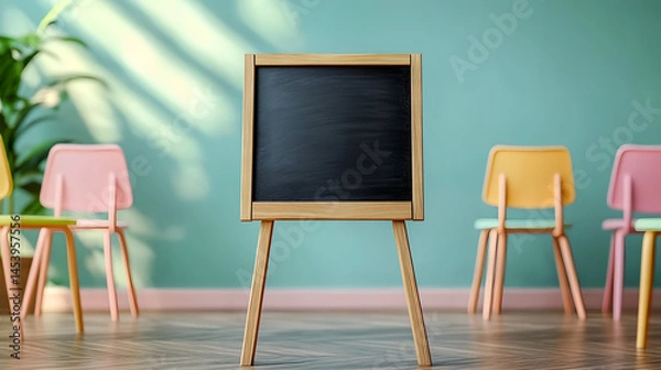 Fototapeta A blank chalkboard stands on a wooden easel in a bright classroom with pastel-colored chairs, symbolizing a space for learning and creativity.