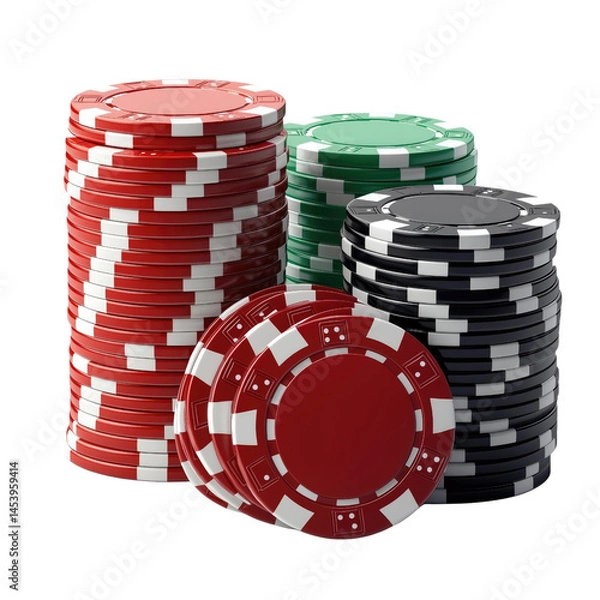 Obraz Stacks of red and black poker chips on a white or transparent background