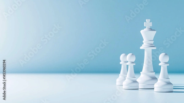 Obraz White chess king and pawns standing on light blue background with copy space, leadership and strategy concept