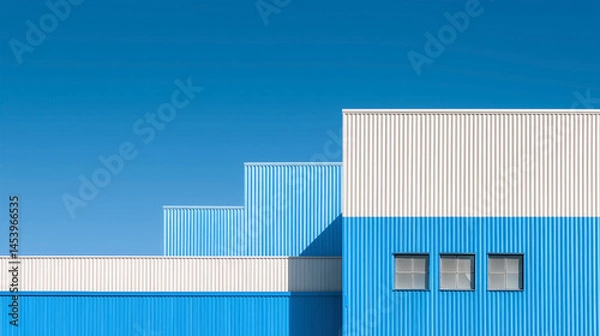 Fototapeta A blue and white building with three windows on the front