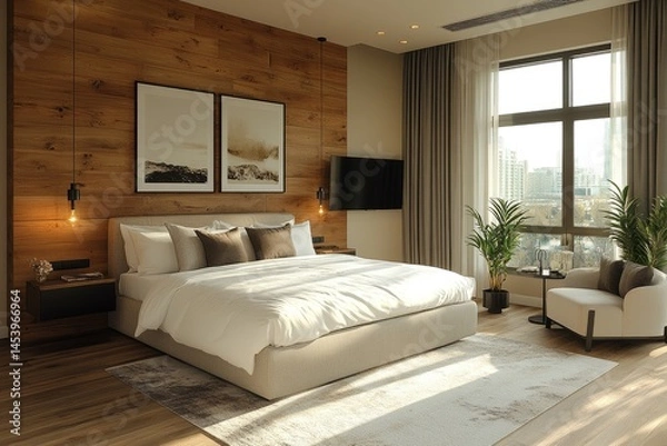 Fototapeta Modern bedroom interior with wooden accents.