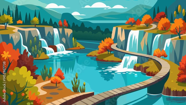 Fototapeta A beautiful landscape with a river and waterfalls. The water is blue and the trees are orange