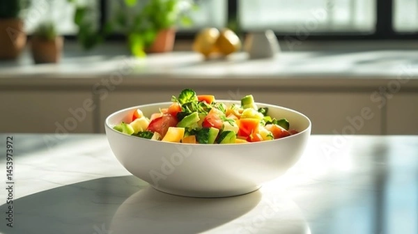 Fototapeta Close-Up of Colorful Fresh Salad in White Bowl – Healthy Vegan Meal with Vegetables on Clean Minimal Background