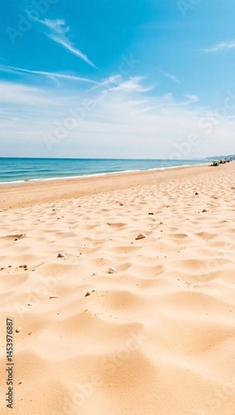 Fototapeta A sunny day at the beach. The sand is warm and soft, and the ocean is calm and inviting.