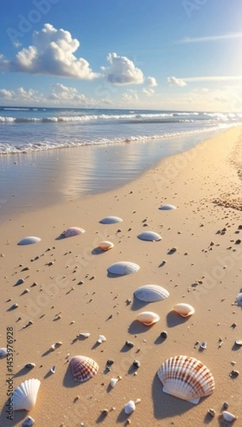 Fototapeta Seashells litter the golden sandy beach as the tide gently rolls in under a sunny blue sky