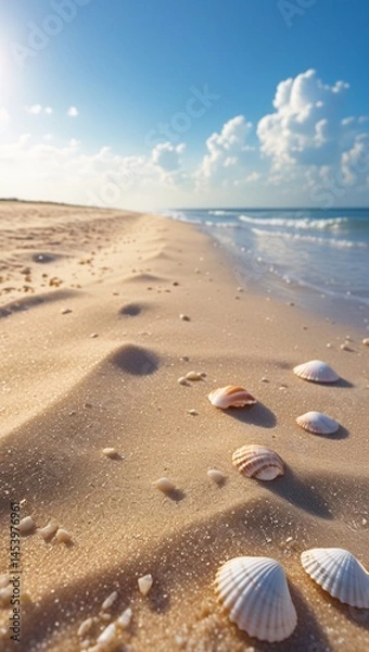 Fototapeta Seashells dot a sun-kissed sandy beach, with blue skies and gentle waves in the background.