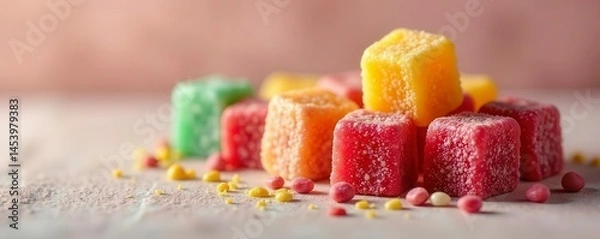 Fototapeta Assorted Turkish delight cubes, various colors and flavors, delicious, vibrant