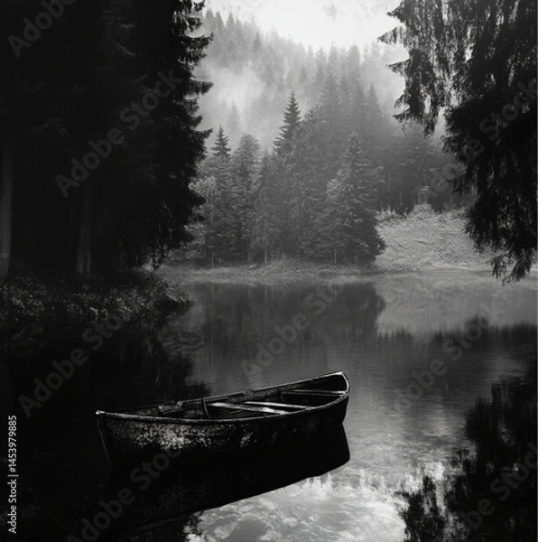 Obraz a scene of a lake with this boat on the water, forest and lake, greyscale, high contrast