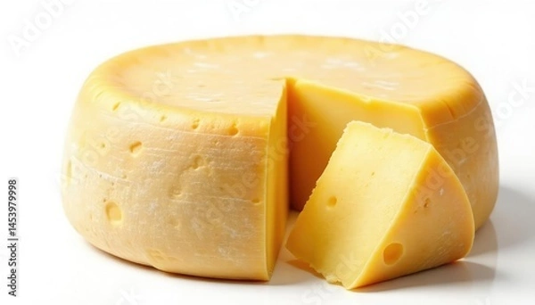 Fototapeta Artisan cheese wheel, aged texture, white backdrop, slice, delicious