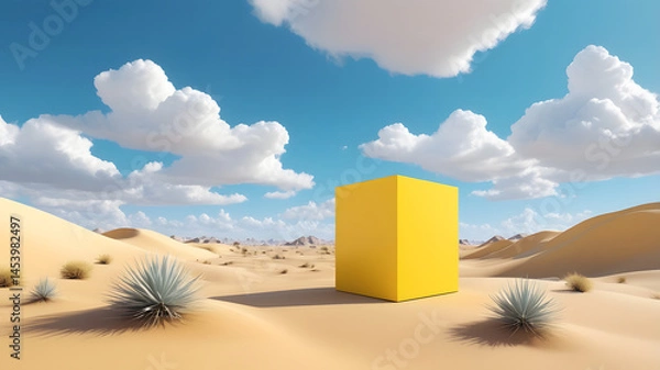 Obraz 3D, Surreal desert landscape with Yellow box and white clouds on blue sky