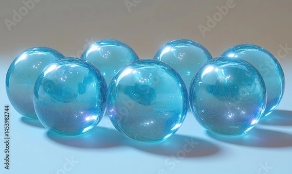 Fototapeta Group of translucent teal spheres on a light background.