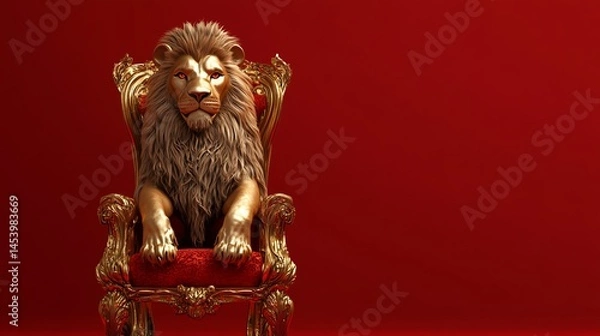 Obraz 3D render of a majestic golden lion seated regally on a ornate red chair.
