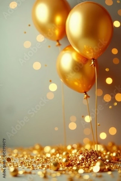 Fototapeta Golden balloons float against shimmering glitter backdrop, glamorous, metallic, golden