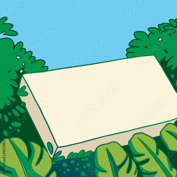 Fototapeta A rectangular object surrounded by lush foliage, with a clear blue sky peeking through above.
