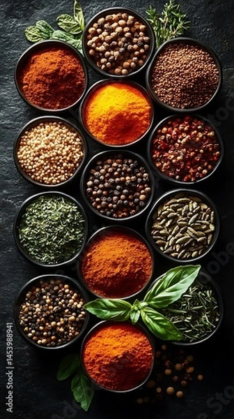 Fototapeta Assorted spice powders and whole spices in small bowls.