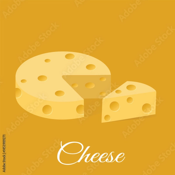 Fototapeta A stylized vector illustration of a classic round cheese wheel with a triangular slice removed, showing typical holes associated with Swiss or Emmental cheese.
