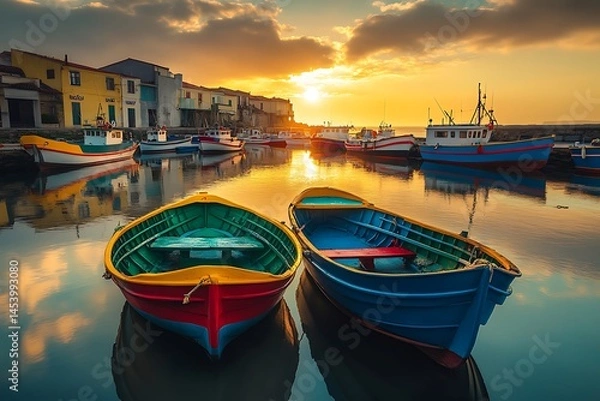 Obraz A tranquil fishing village at sunrise, where colorful boats bob gently in the harbor, creating a picturesque scene that captures the essence of coastal life.