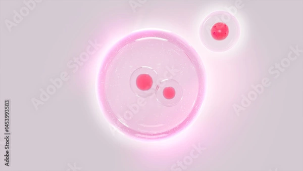 Fototapeta Pink Cell Division in Glowing Liquid Environment. Demonstrating concepts related to cell development, reproduction, or stem cell research. 3D Medical Illustration