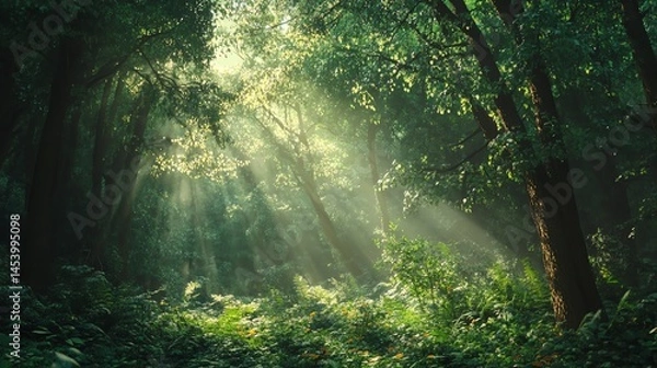 Fototapeta Digital illustration of a sunlit forest path with dappled light and lush greenery.
