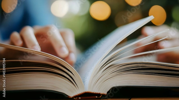 Fototapeta Immersive reading experience: person enjoying an open book with bokeh lights