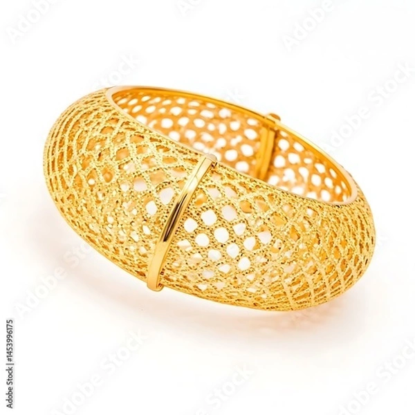 Obraz  Intricate lattice design gold bangle studio lit macro photo on white background.