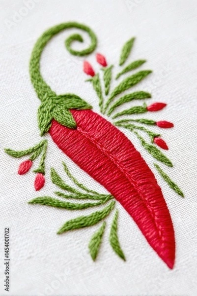 Fototapeta Vibrant red chili pepper embroidered on white fabric with green leaves and small red buds, showcasing intricate stitching and artistic craftsmanship in textile design