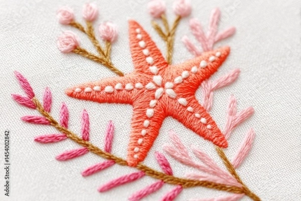 Fototapeta Embroidered starfish design featuring vibrant orange starfish and delicate pink floral elements on a soft fabric background, showcasing intricate stitching and artistic craftsmanship
