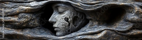 Fototapeta Intricate carved face nestled within a textured wood carving.