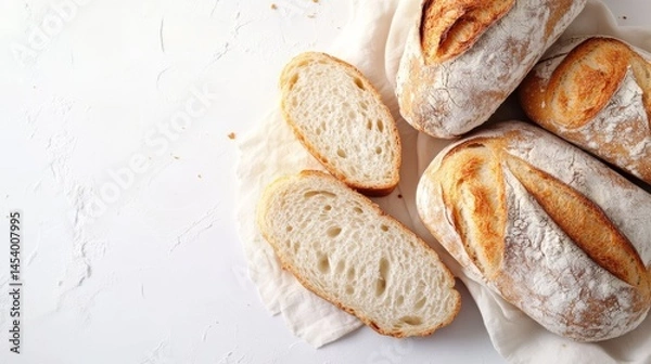 Fototapeta Freshly Baked Sliced White Bread with Soft Texture Placed on Clean White Surface