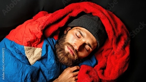 Obraz A person sleeping soundly, covered with a bright blanket, wearing a beanie hat