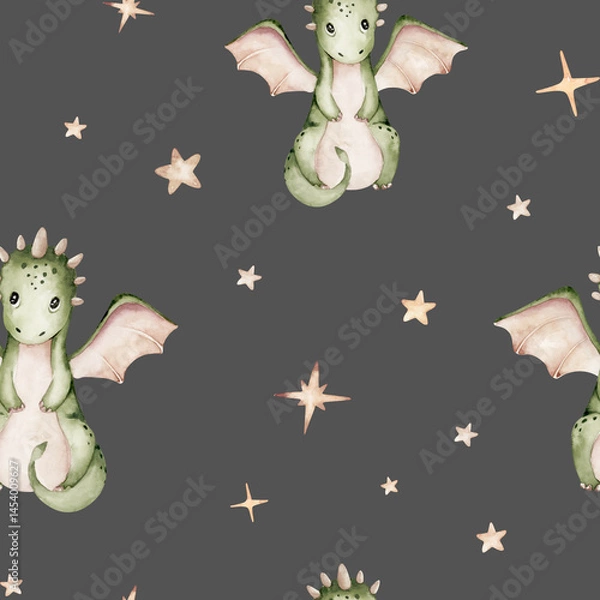 Obraz Cartoon 2024 New Year's card Dragon seamless pattern, happy new year and christmas childish background