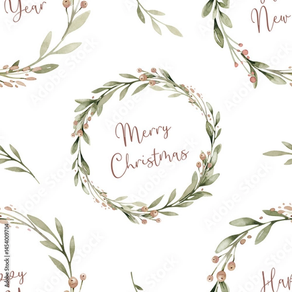 Obraz Watercolor floral new year seamless pattern in cute childish style, colored christmas background, hand painting print with abstract flowers, leaves and plants, design texture