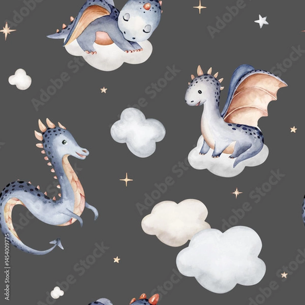 Obraz Cartoon 2024 New Year's card Dragon seamless pattern, happy new year and christmas childish background