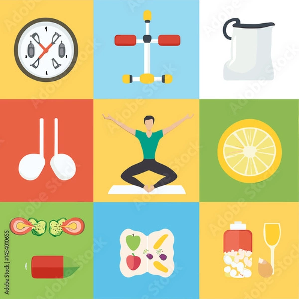 Obraz Set of vector icons on health and fitness theme: sports, nutrition, heart rate, yoga, dumbbells, running, water and active lifestyle. Suitable for apps and infographics.