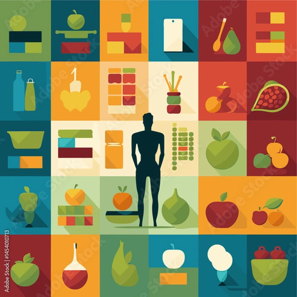 Obraz Set of vector icons on health and fitness theme: sports, nutrition, heart rate, yoga, dumbbells, running and active lifestyle. Suitable for apps and infographics.
